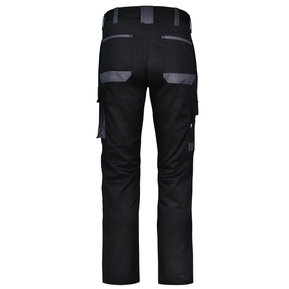 Black cargo work pants with charcoal grey reinforced panels on pockets and waistband, rear view showing utility pockets