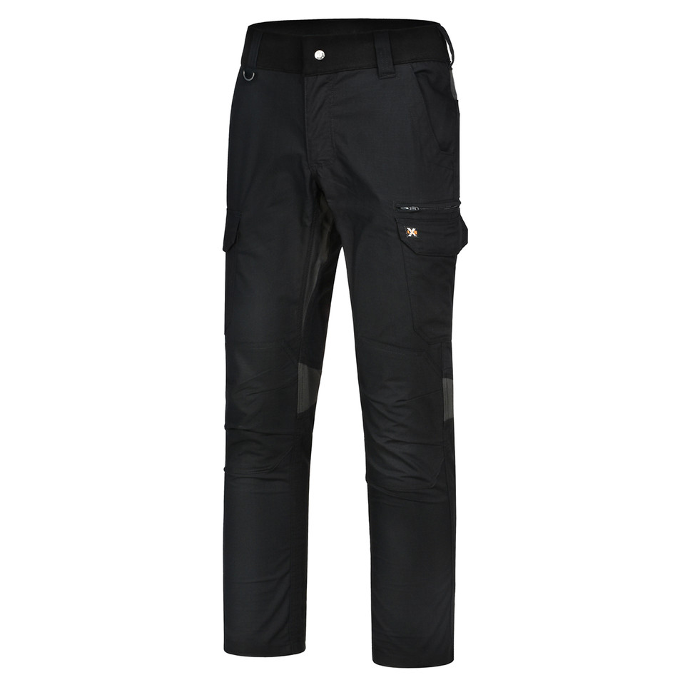 Black ripstop work pants with cargo pocket and knee reinforcement panels