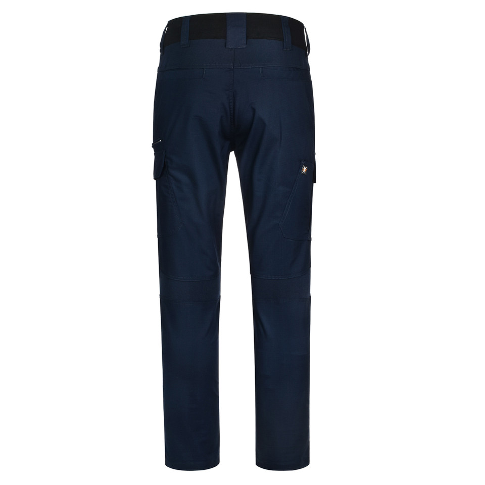 Navy rip-stop cargo pants with side pockets and belt loops, rear view