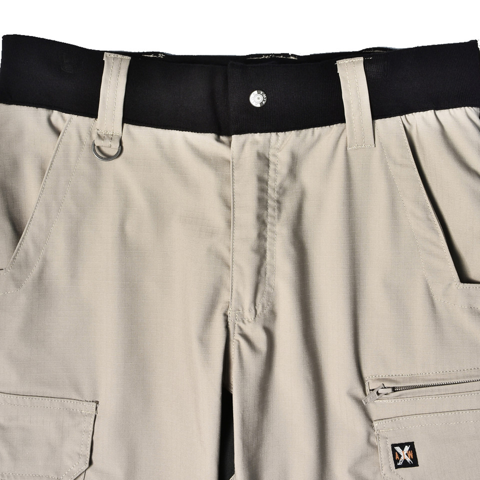 Stone ripstop work pants with black waistband, cargo pockets and belt loops