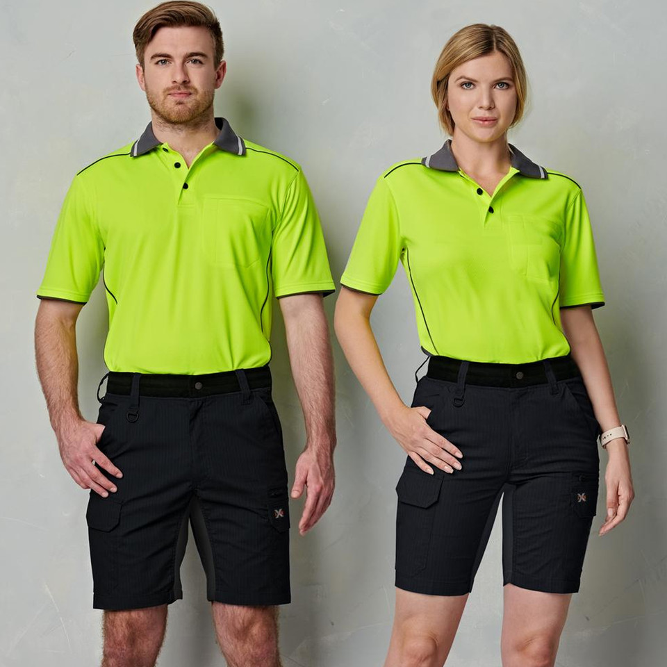 Black ripstop cargo shorts with multiple pockets and hi-vis lime polo shirts featuring charcoal contrast collar