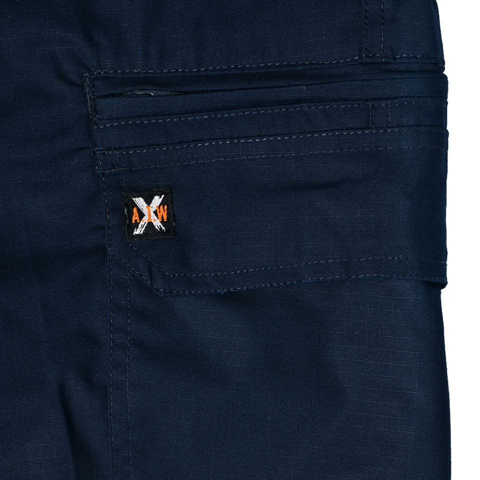 Navy ripstop work shorts with reinforced cargo pocket and branded woven label detail