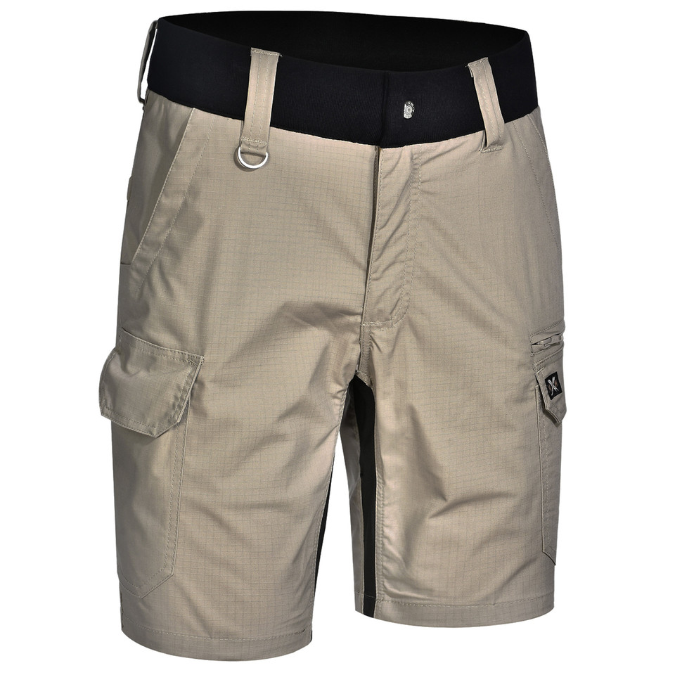 Khaki rip-stop cargo shorts with black contrast waistband and multiple utility pockets