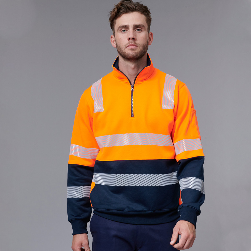 Orange+Navy Branch Unisex Biomotion VIC Rail Safety Jumper, a high-visibility fleece sweatshirt with reflective taping compliant for VIC Rail workwear.