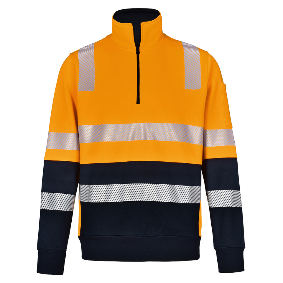 Orange+Navy Branch Unisex Biomotion VIC Rail Safety Jumper, a high-visibility fleece sweatshirt with reflective taping compliant for VIC Rail workwear.