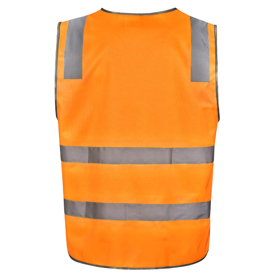 Back view of a hi-vis orange safety vest with grey reflective shoulder and waist tapes