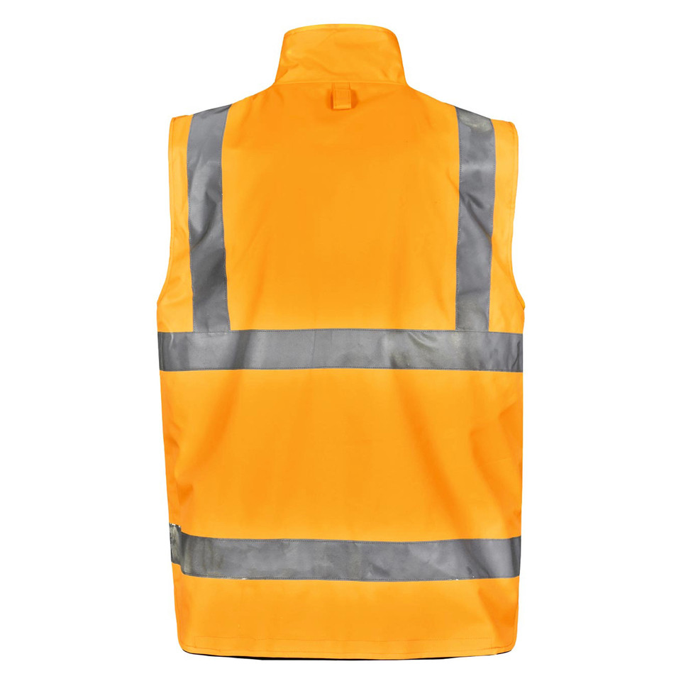 Orange high-visibility vest with silver reflective tape in H-pattern across back and torso