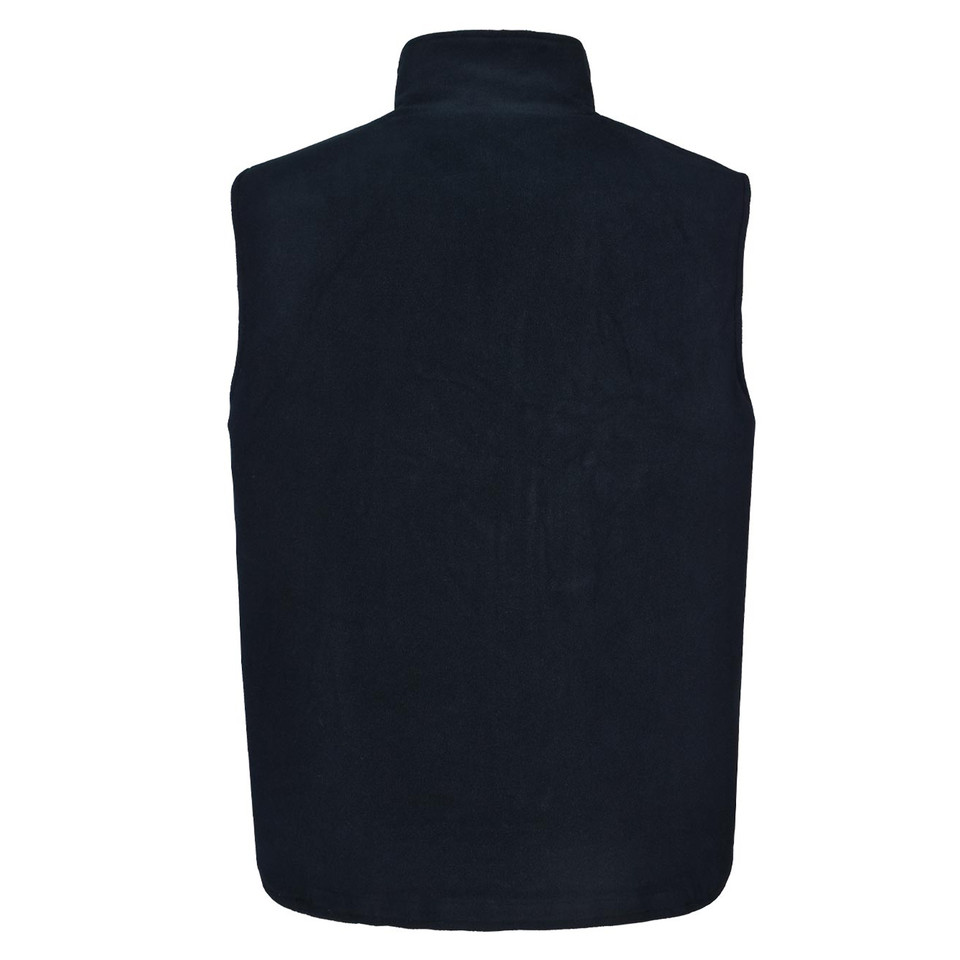 Navy sleeveless vest with high collar and water-resistant shell fabric, showing smooth back panel