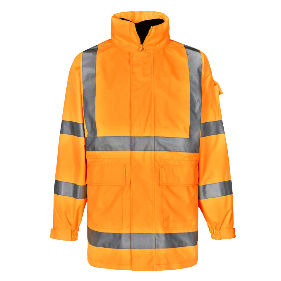 Fluorescent orange waterproof safety jacket with silver reflective tape stripes and black hood lining