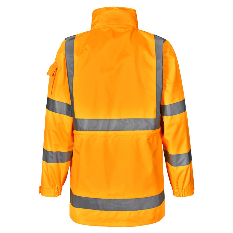 High visibility orange safety jacket with silver reflective tape on back, shoulders and sleeves with stowaway hood