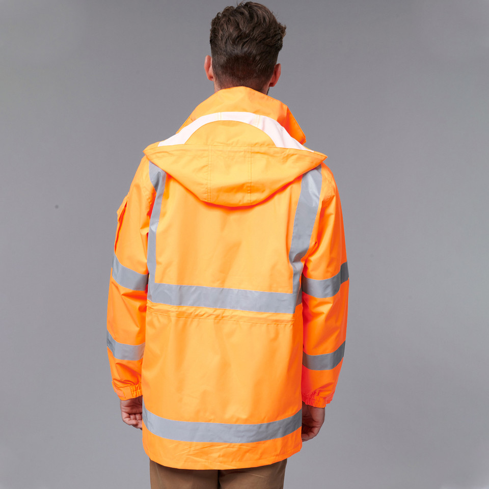 Hi-vis orange waterproof safety jacket with silver reflective tape, hood, and biomotion shoulder stripes shown from back