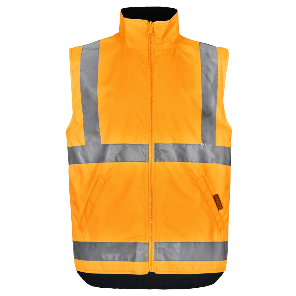 Hi-vis orange fleece vest with reflective silver tape trim and reversible black lining