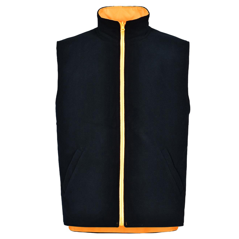 Navy polar fleece vest with high-vis orange reverse, full-length zipper and stand collar with contrast trim