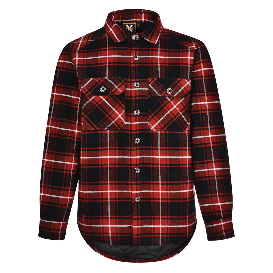 Black and red tartan plaid flannel jacket with dual chest pockets and white snap-button closure