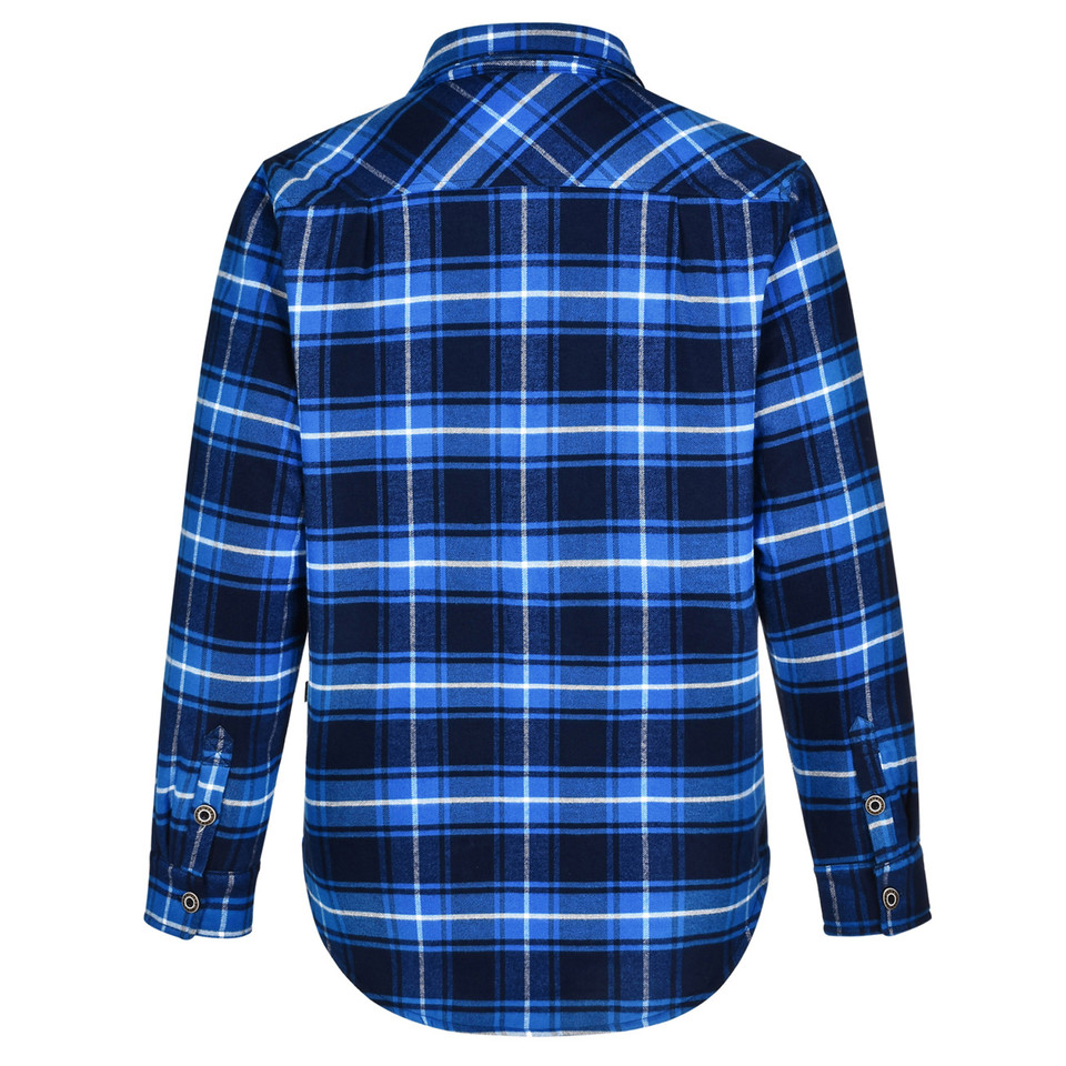 Navy and royal blue plaid quilted flannel shirt jacket with button cuffs, back view showing horizontal check pattern