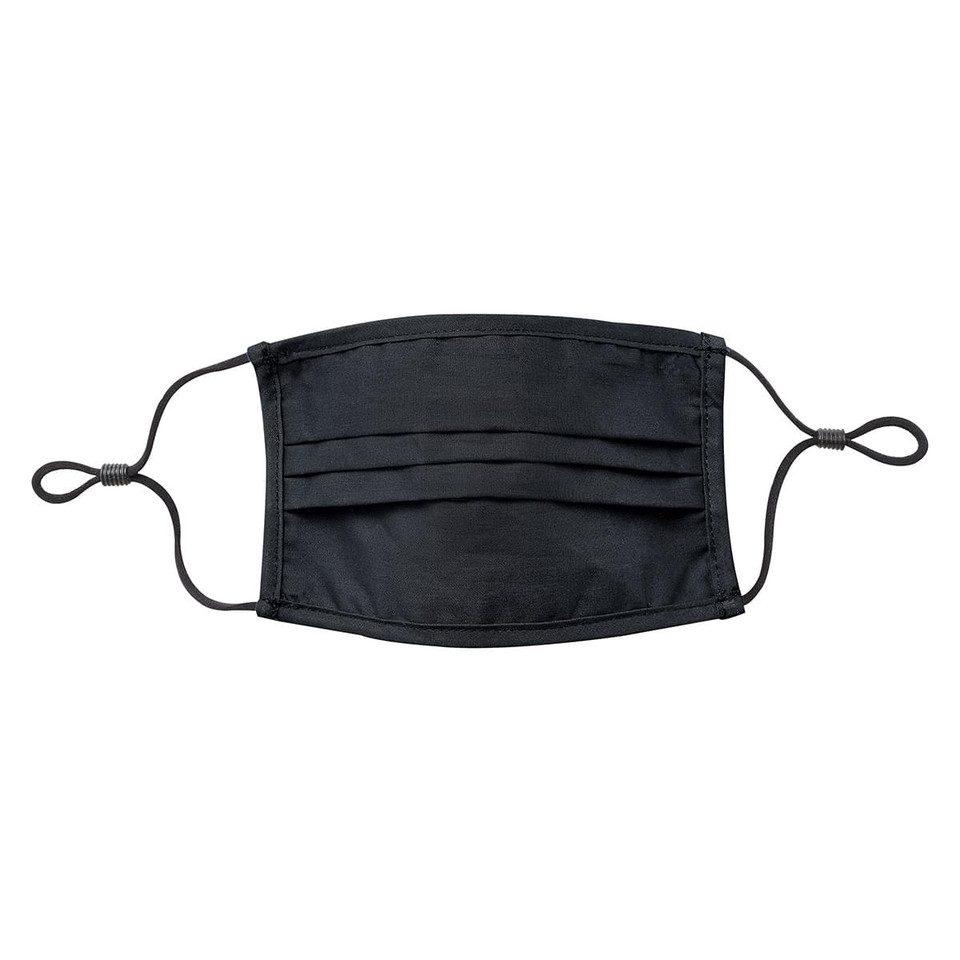 Black reusable cotton face mask with pleated front panel and adjustable ear loops laid flat on white background