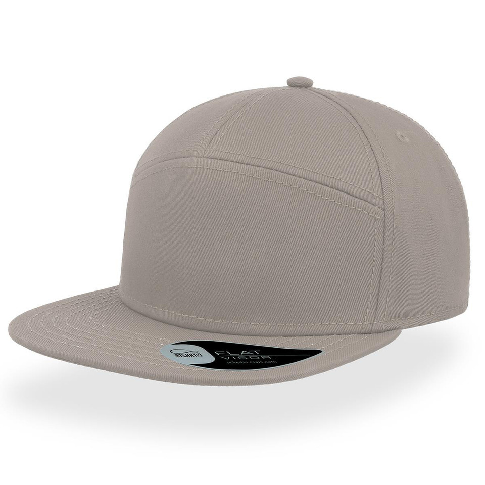 Light grey 7-panel chino flat cap with wide front panel, flat visor, and structured crown