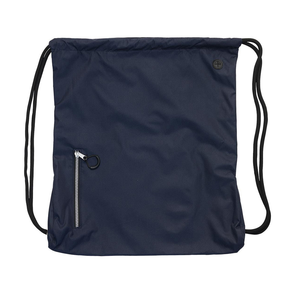 Navy blue ripstop drawstring backpack with front zippered pocket and black cord straps