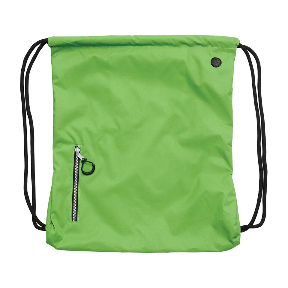 Lime green ripstop drawstring backpack with black cords and front zippered pocket