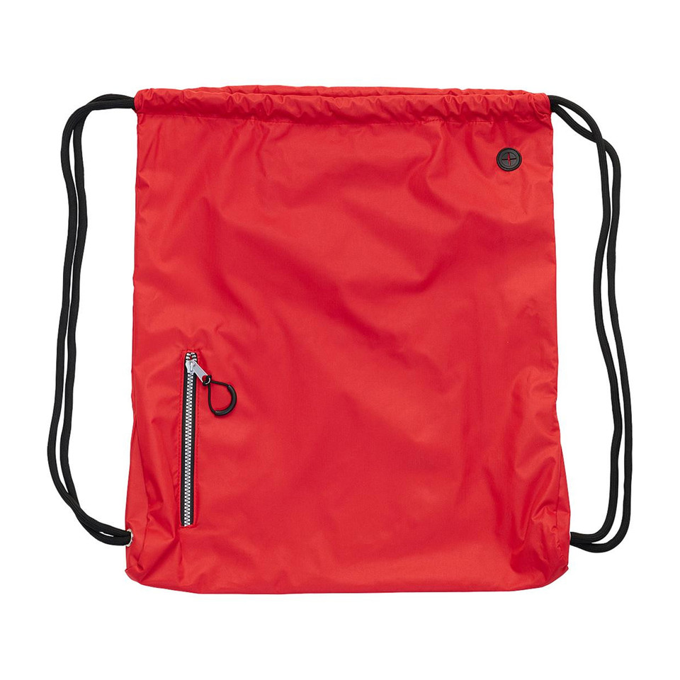 Bright red ripstop drawstring backpack with black cords and front zip pocket
