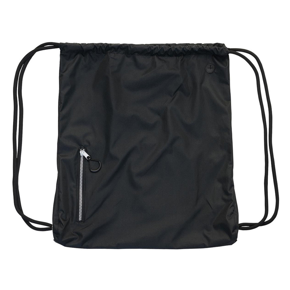 Black ripstop drawstring backpack with front zip pocket and cord straps