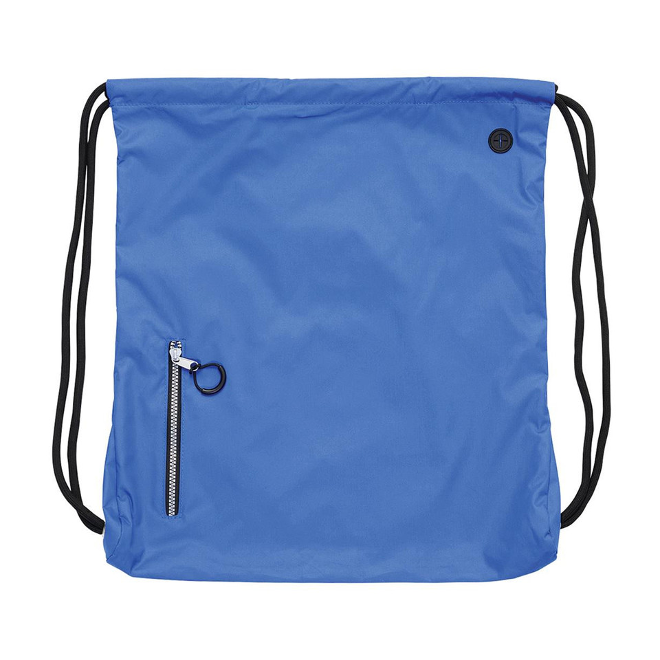 Royal blue ripstop drawstring backpack with black cords and front zippered pocket