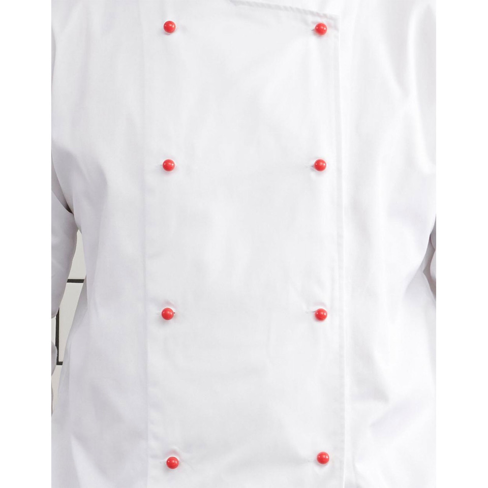 White chef jacket showing eight red snap-on buttons arranged in double-breasted style