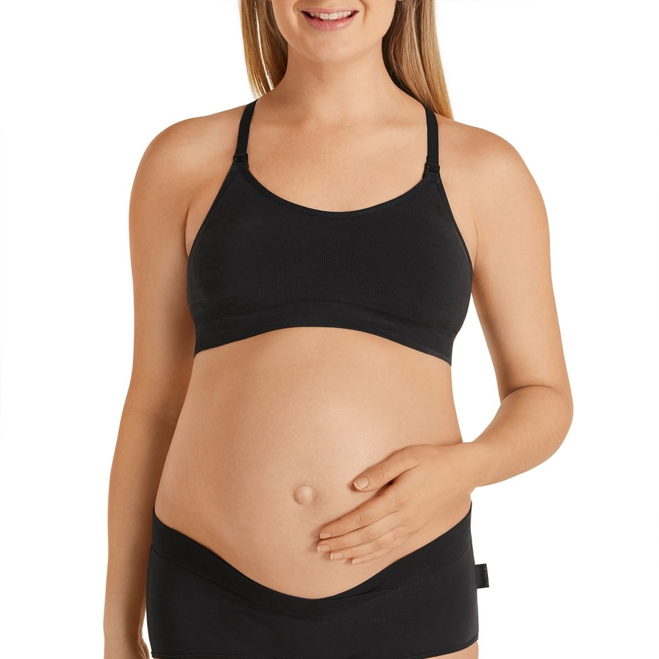Black seamless maternity crop bra with racerback straps and supportive band