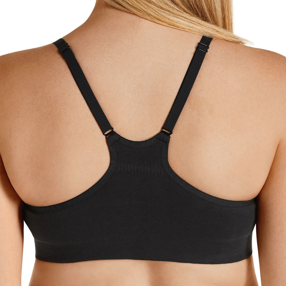 Black racerback crop bra with adjustable straps and seamfree construction viewed from behind