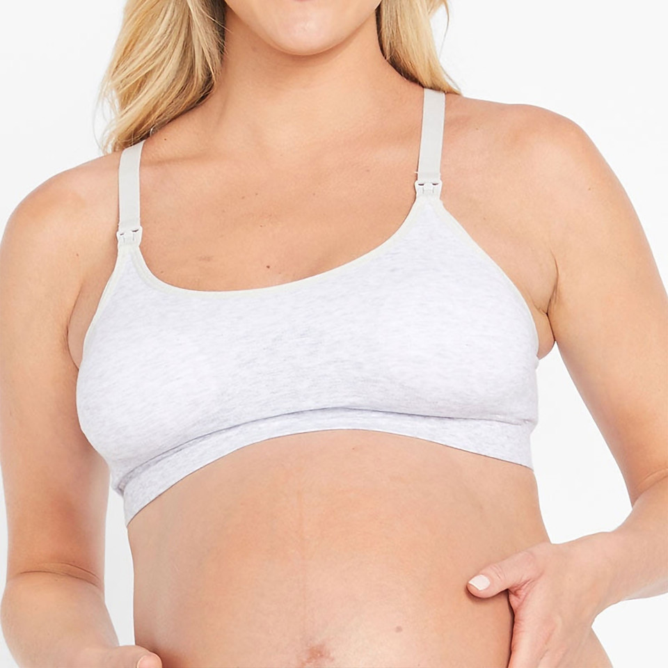 Light grey marl maternity crop bra with adjustable straps and seamfree underband construction