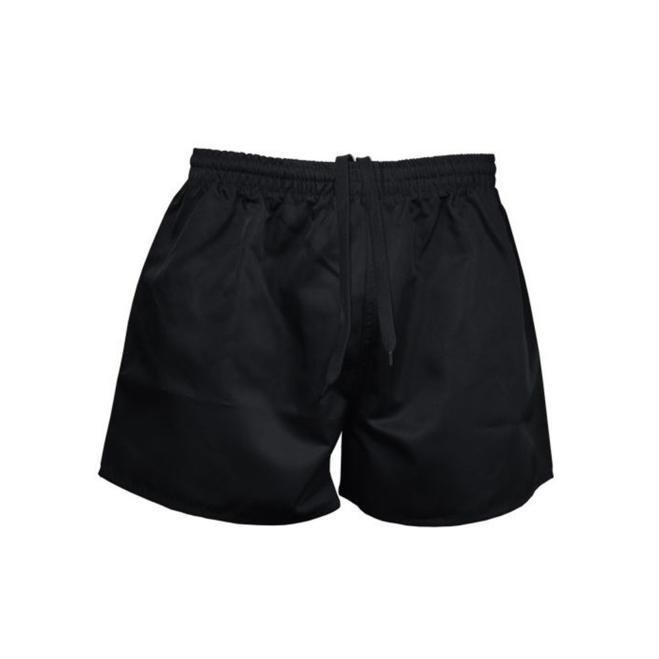 Black poly rugby shorts with elasticated waistband and drawstring closure