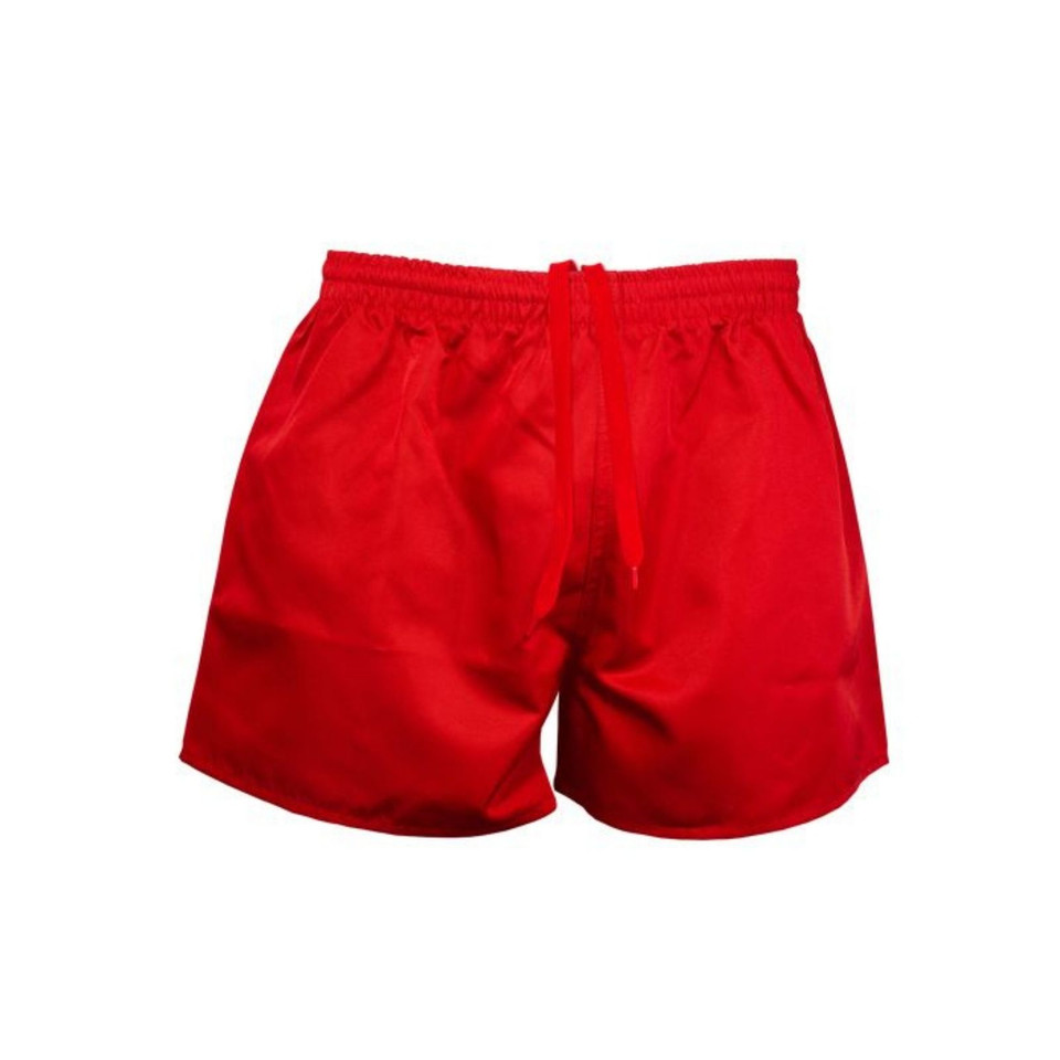 Bright red poly rugby shorts with elasticated waistband and drawcord, featuring side splits