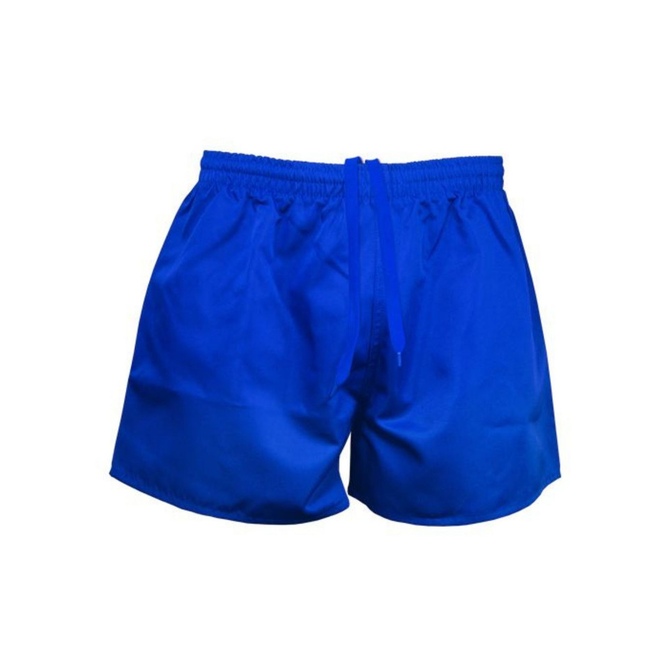Royal blue rugby shorts with elasticated waistband and side splits