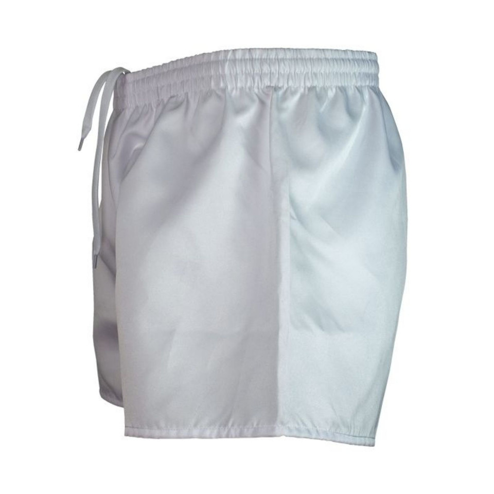 White poly rugby shorts with elasticated waistband and drawstring tie