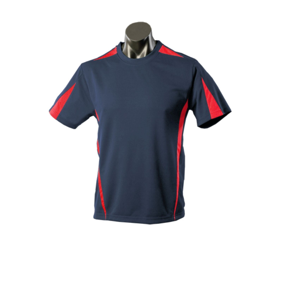 Navy mini-waffle textured sports tee with red contrast panels on sides and sleeves