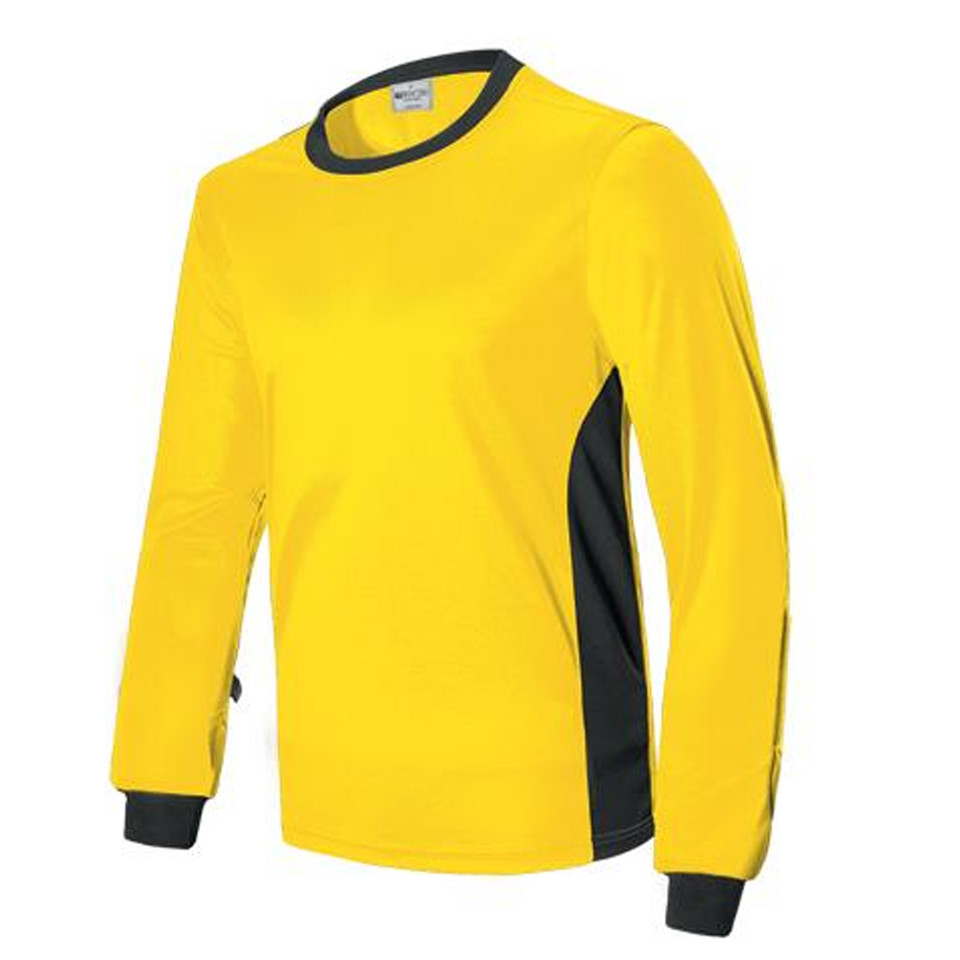 Yellow long sleeve goalkeeper jersey with charcoal side panels, ribbed collar and cuffs, padded sleeves