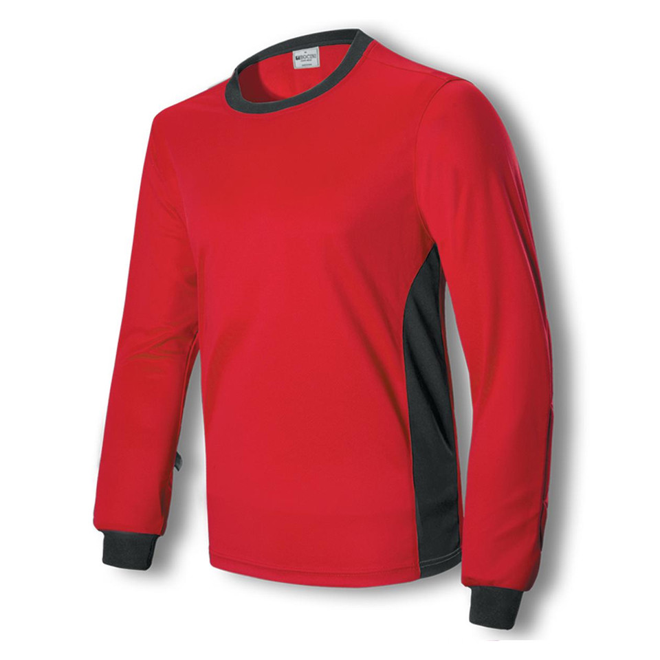 Red goalkeeper jersey with black side panels, padded long sleeves, and contrast black neckline and cuffs