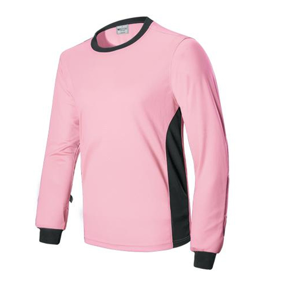 Kids pink long sleeve goalkeeper jersey with black side panels, contrast crew neck and ribbed cuffs
