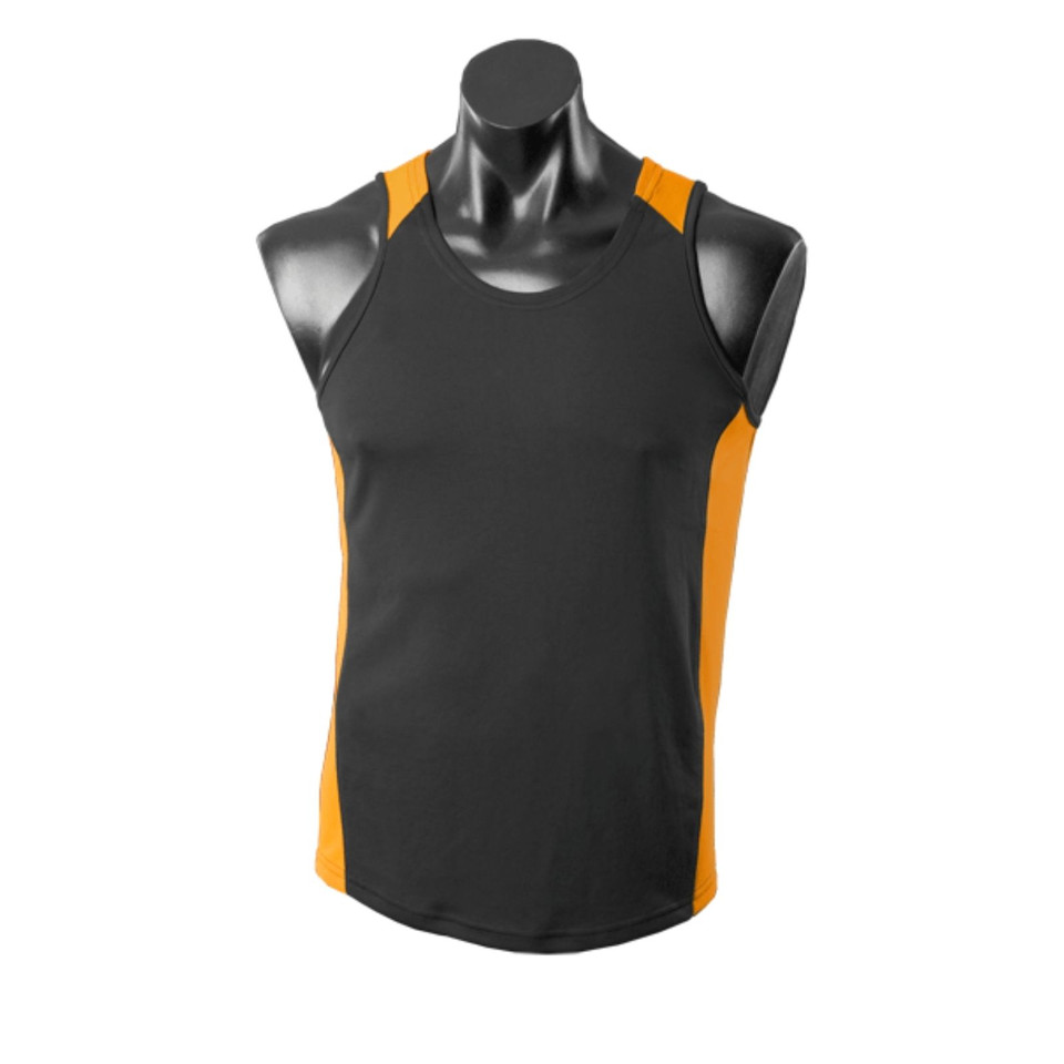 Charcoal grey sleeveless singlet with gold contrast side panels and shoulder trim on mannequin
