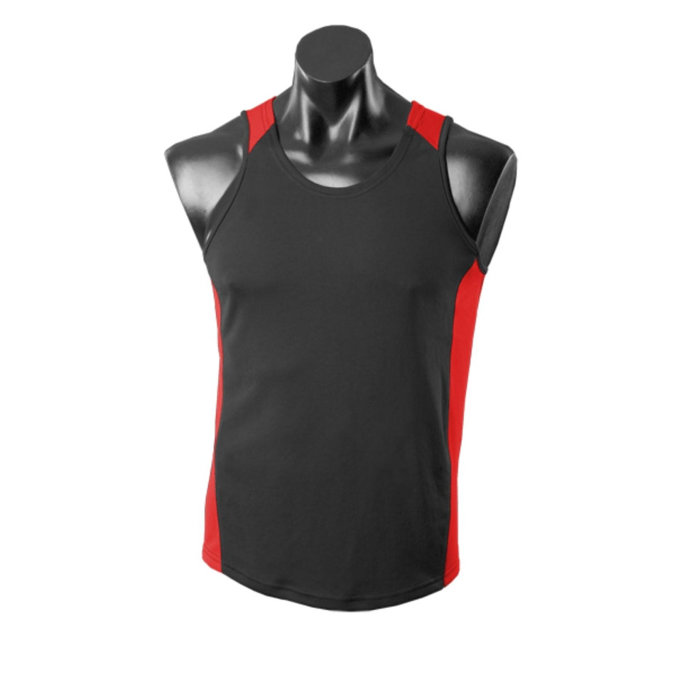 Black/Red PIPER Men's Mini Waffle Knit Singlet featuring a breathable textured fabric, contrast side panels, and moisture-wicking technology for running, gym, and team sports.