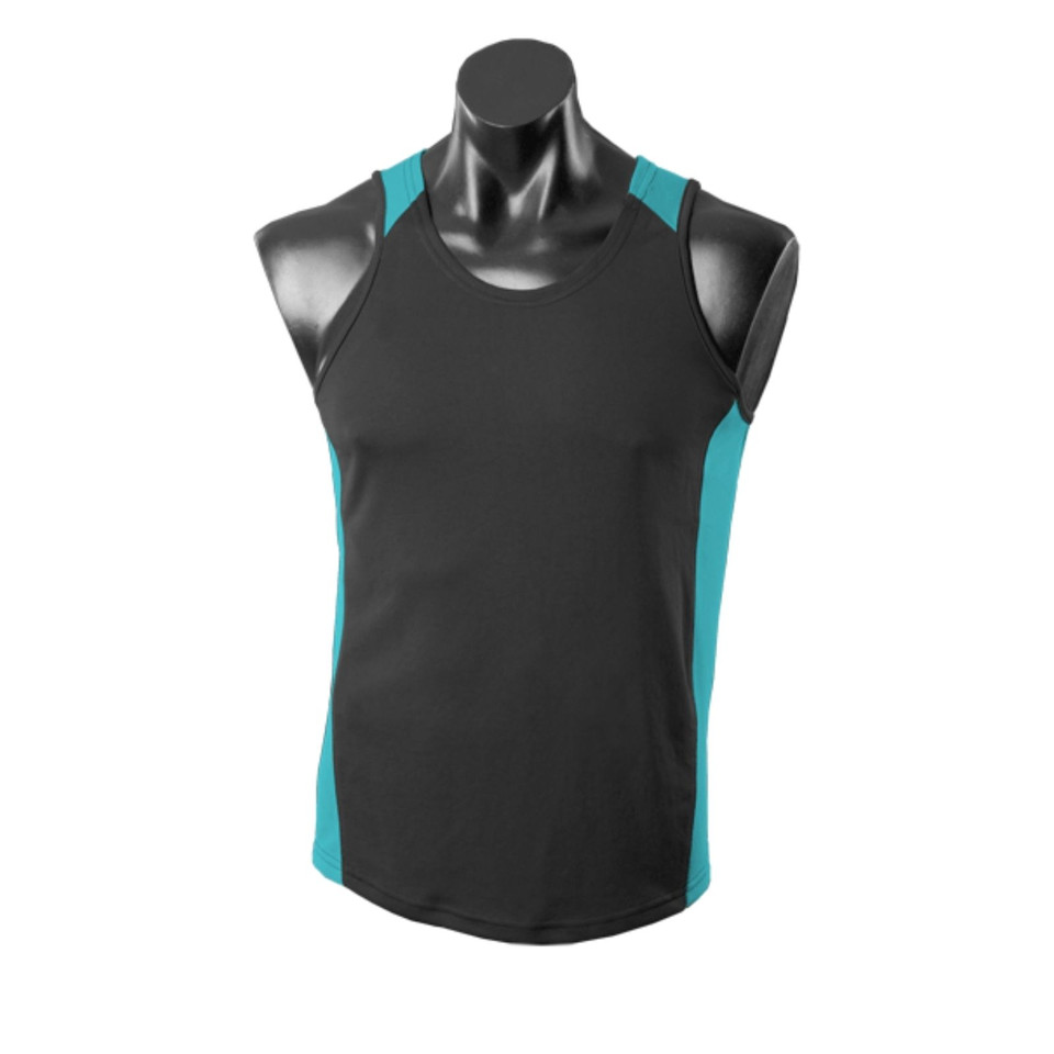 Black/Teal PIPER Men's Mini Waffle Knit Singlet featuring a breathable textured fabric, contrast side panels, and moisture-wicking technology for running, gym, and team sports.