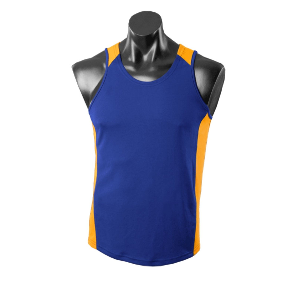 Royal/Gold PIPER Men's Mini Waffle Knit Singlet featuring a breathable textured fabric, contrast side panels, and moisture-wicking technology for running, gym, and team sports.