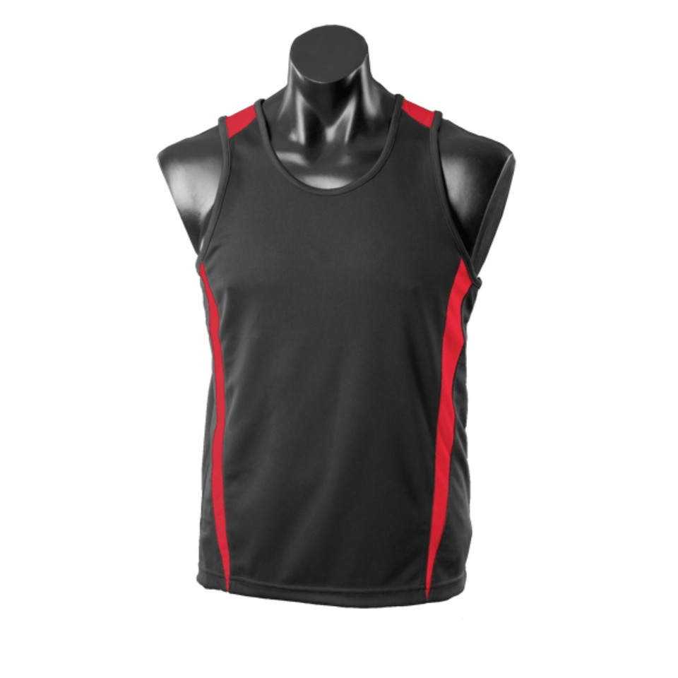 Charcoal grey sleeveless sport singlet with red contrast side panels and shoulder trim