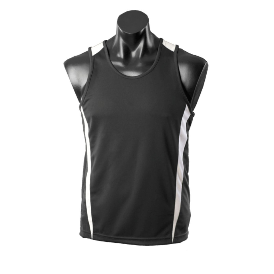 Charcoal grey sleeveless sports singlet with white side panels in mini-waffle knit fabric