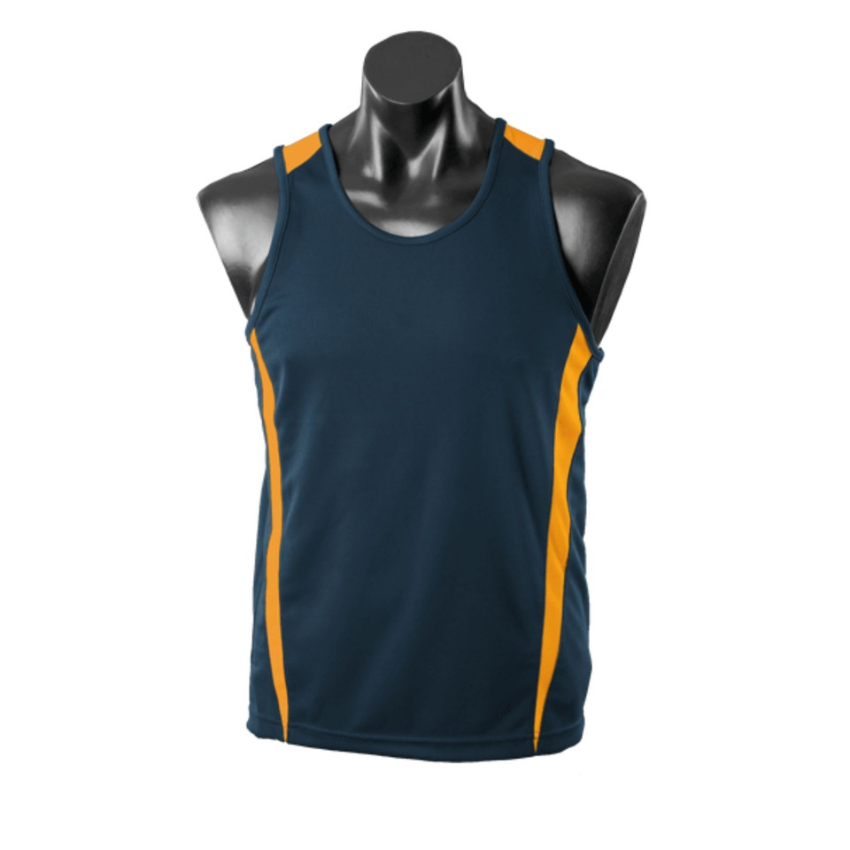 Navy sleeveless sports singlet with gold contrast side panels and shoulder detail