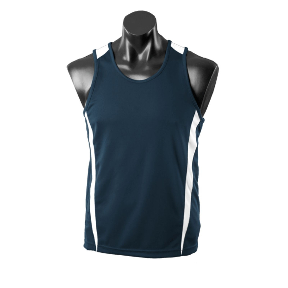 Navy mini-waffle sport singlet with white contrast side panels on mannequin