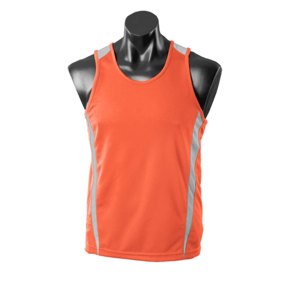 Orange+Charcoal EUREKA Men's Sport Singlet featuring a mini-waffle knit for moisture management, bold contrast side panels, and a lightweight breathable fit for basketball, running, and team training.