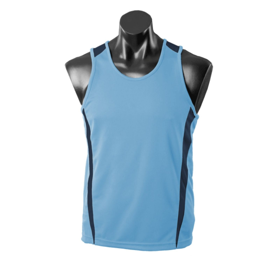 Sky+Navy EUREKA Men's Sport Singlet featuring a mini-waffle knit for moisture management, bold contrast side panels, and a lightweight breathable fit for basketball, running, and team training.