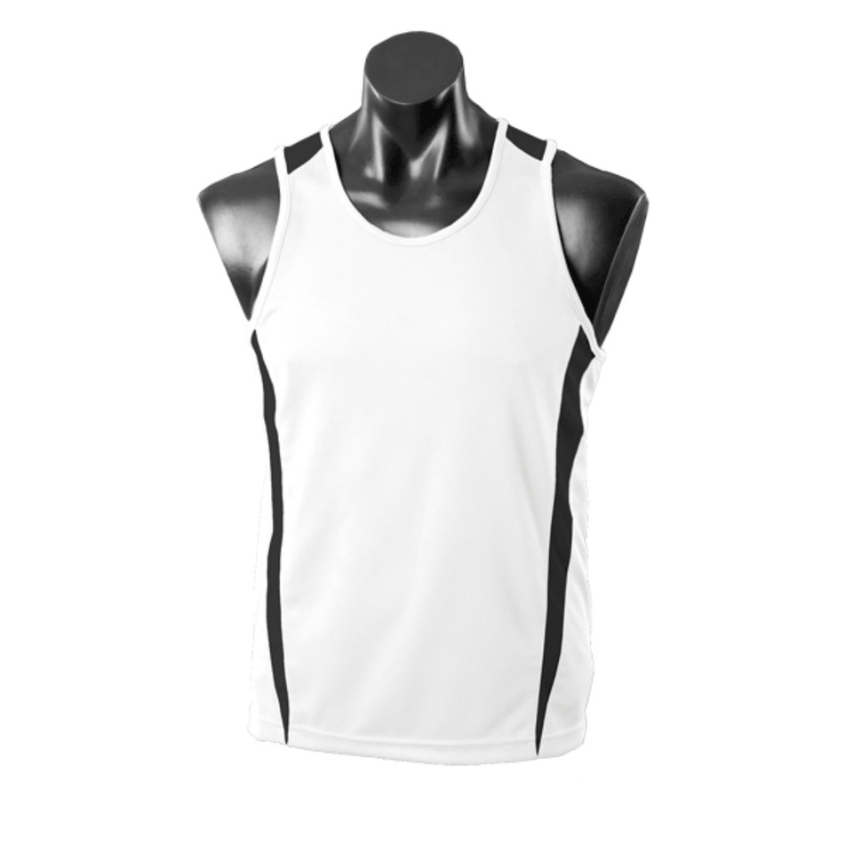 White+Black EUREKA Men's Sport Singlet featuring a mini-waffle knit for moisture management, bold contrast side panels, and a lightweight breathable fit for basketball, running, and team training.