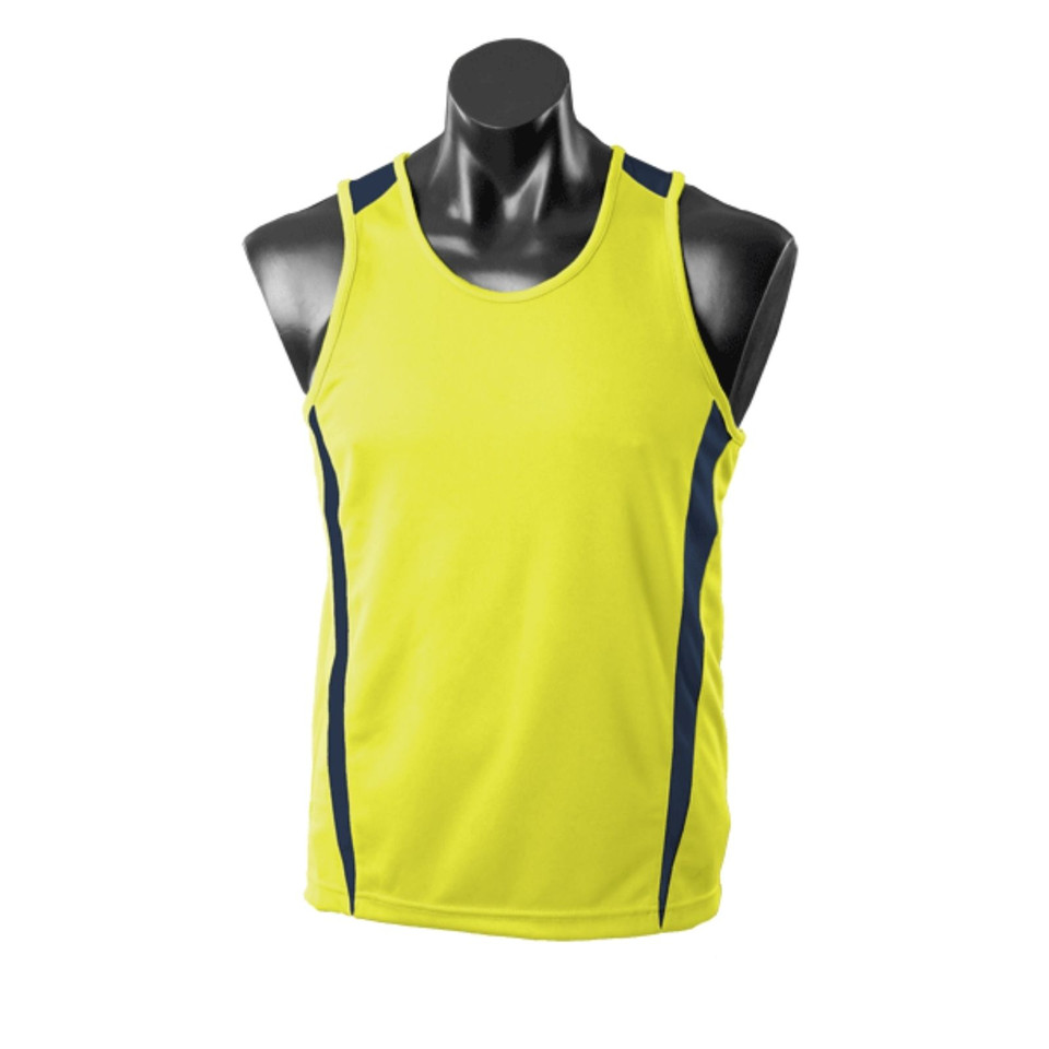 Yellow+Navy EUREKA Men's Sport Singlet featuring a mini-waffle knit for moisture management, bold contrast side panels, and a lightweight breathable fit for basketball, running, and team training.